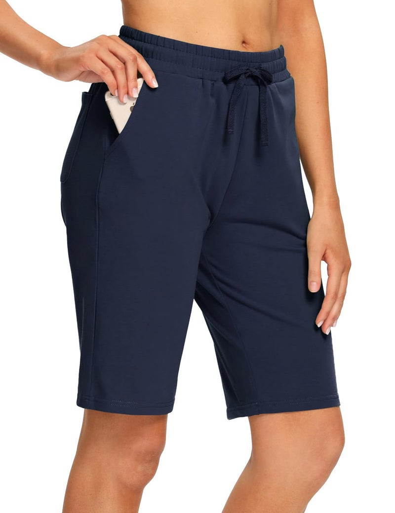 EZRUN Womens Bermuda Shorts Summer Sweat Shorts with Deep Pockets 10" Cotton Shorts for Women Gym Workout Navy - Image 2